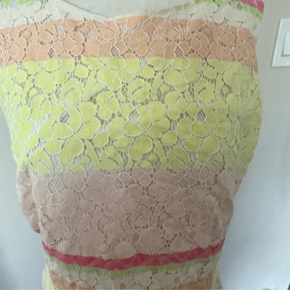 ANN TAYLOR Lace Sheath Dress~Pink Yellow Stripe~Sleeveless Lined Midi 10 - Picture 10 of 10